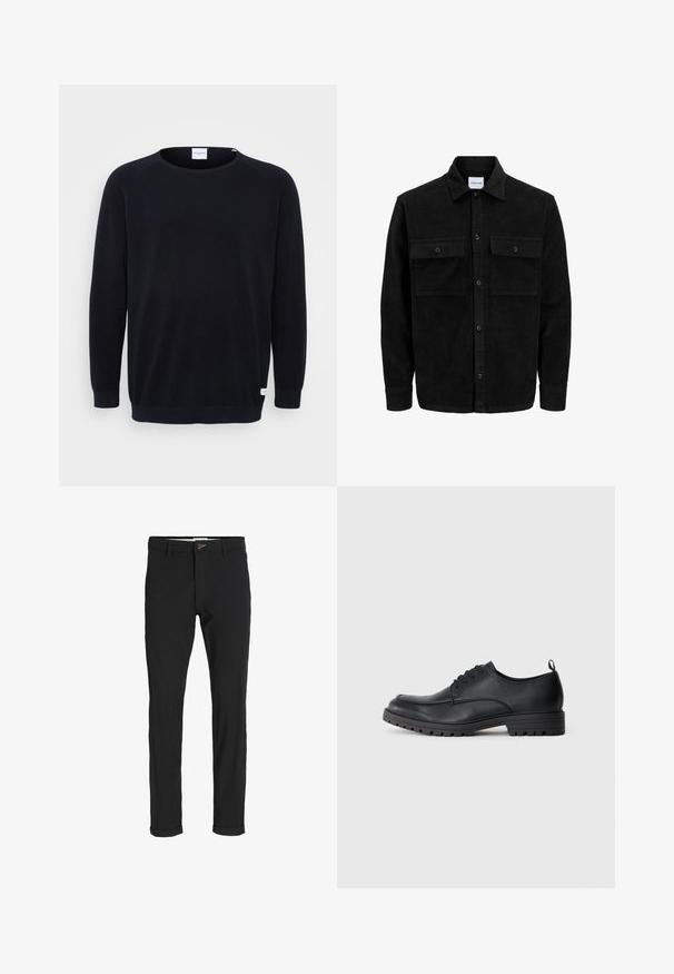 Svart kordflodjacka med knappar, två framfickor med klaff och klassisk krage, långa ärmar och ribbad textur.; Svart stickad tröja med rund halsringning och långa raglanärmar. Har ribbstickade muddar och nederkant, strukturerad tyg och en liten etikett vid nederkanten.; Svarta bomullsblandade byxor med en smal passform, med knappstängning, fickor och uppvikta fållar för en avslappnad stil.; Svart läderskor med slät textur, rund tå, snörning framtill och robust gummisula med ett mönster av räfflor.