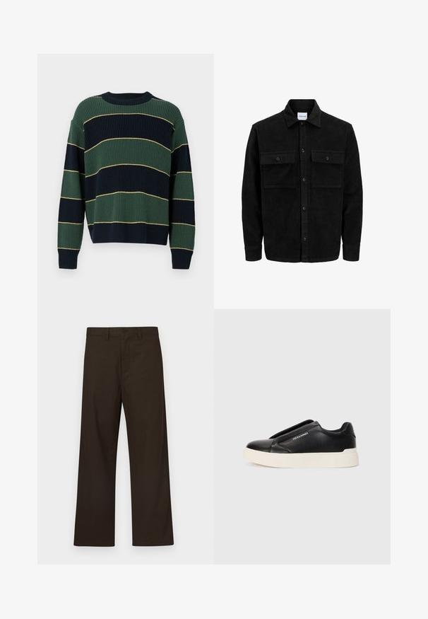 Juodas velveto mygtukų švarkas su dviem priekiniais kišenėmis su atvartais, klasikiniu apykakle, ilgomis rankovėmis ir raukšlėtu paviršiumi.; Megzta megzta suknelė su žaliais ir tamsiai mėlynais horizontaliais dryžiais, papildyta plonais geltonais linijomis. Apvalus kaklas, laisvas fasonas ir raštuoti rankogaliai bei apačia.; Rudos plačios medvilninio mišinio kelnės, su priekyje esančia sagų uždarymo sistema ir minimalistiniu dizainu.; Juodi slip-on sportbačiai su tekstūruota odos viršutine dalimi, balta gumine padai ir be matomų raištelių. Šone yra prekės ženklo logotipas.