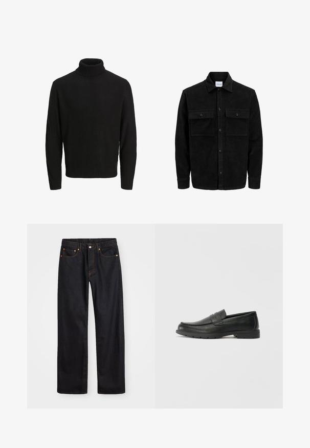 Melnas kordūru pogu jaka ar divām priekšējām atloka kabatām un klasisku apkakli, garām piedurknēm un ribotu tekstūru.; Melna turtlenecks džemperis, kas izgatavots no teksturēta adījuma, piedāvā garas piedurknes un ribinātu apkakli un apakšējo malu. Sānu šķēlumi, lai nodrošinātu brīvību kustībai.; Vīriešu taisno kāju melnie džinsi ar piecām kabatām un oranžu izšuvumu, ar pogu un zipa aizdari priekšējā jostas daļā.; Melnas ādas loafers ar gludu apdari, mokasīnu stila augšdaļu, šūtu detalizāciju un gumijas zoli. Klasisks dizains ar zemu papēdi.