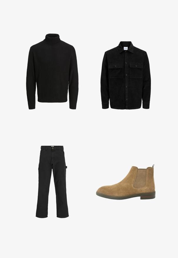 Mustmustöös nupuga jope, millel on kaks eesmist klapiga taskut ja klassikaline kaelus, pikad varrukad ning ribakujuline tekstuur.; Musthave mustripsiga kaelusega must särk, mis on valmistatud tekstuurse kudumisega kangast, pikal varrukatel ja soonikuga kaelaava ning alläärega. Küljelõhud liikumise mugavuseks.; Mustad seljandavad püksid puuvilla ja sünteetilise segu kangast. Omavad laiu jalgu, ees kaldus taskuid ning külgtaskut, millel on tarvikute jaoks silmus.; Kohvitooni sametist Chelsea saapad elastsete külgpaneelidega, ümar toe ja tõmbenööriga; vastupidav kummist tald ja tekstuuriga kangast aksessuaared.