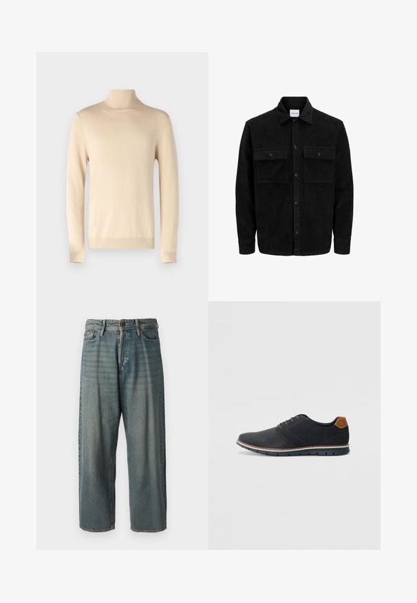 Črna kordurojska jakna z gumbi, z dvema sprednjima žepoma z zavihkom in klasičnim ovratnikom, dolgimi rokavi ter rebrasto teksturo.; Only & Sons ONSALEX - Pulover - beige; Svetlomoderne kavbojke z ohlapnim krojem, srednjim pasom in ravnimi nogami. Imajo pet žepov, zanke za pas in zapiranje na gumb.; Črne sintetične čevlje z teksturirano zgornjščino, gladkimi akcenti, rjavim petnim delom in kontrastnim podplatom. Imajo minimalno vezanje in detajle šivanja.