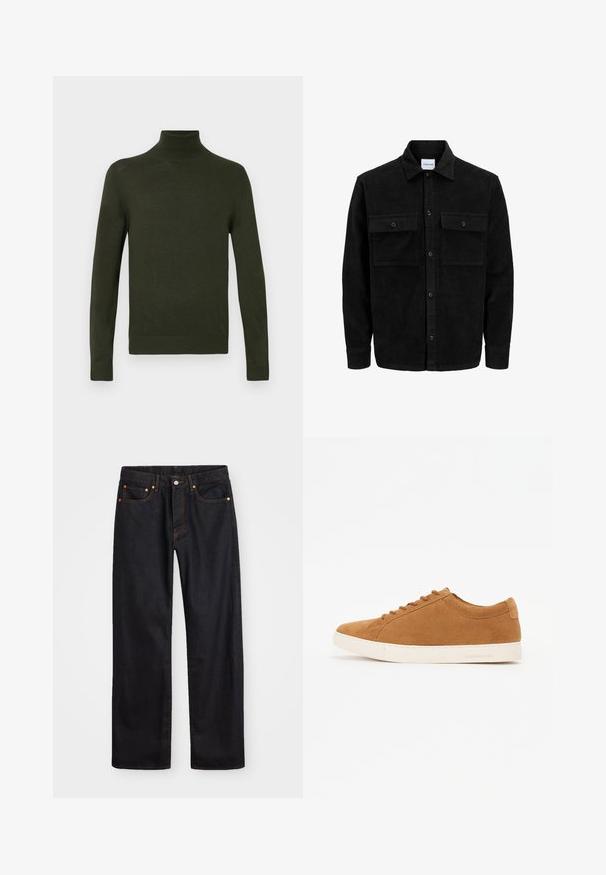 Czarna kurtka z korduru z guzikami, z dwoma przednimi kieszeniami na klapki oraz klasycznym kołnierzem, długimi rękawami i ryżowym splotem.; Zielony sweter z golfem wykonany z miękkiego materiału, z długimi rękawami, ściągaczami przy rękawach i u dołu, charakteryzujący się dopasowanym krojem i gładką fakturą.; Męskie jeansy w prostym kroju, czarne, z pięcioma kieszeniami oraz pomarańczowymi strefami, z zapięciem na guzik i zamek z przodu w pasie.; Brązowe zamszowe sneakersy o niskim kroju, z białą gumową podeszwą i okrągłym noskiem. Zawierają pasujące sznurowadła oraz minimalne oznaczenie marki na pięcie.