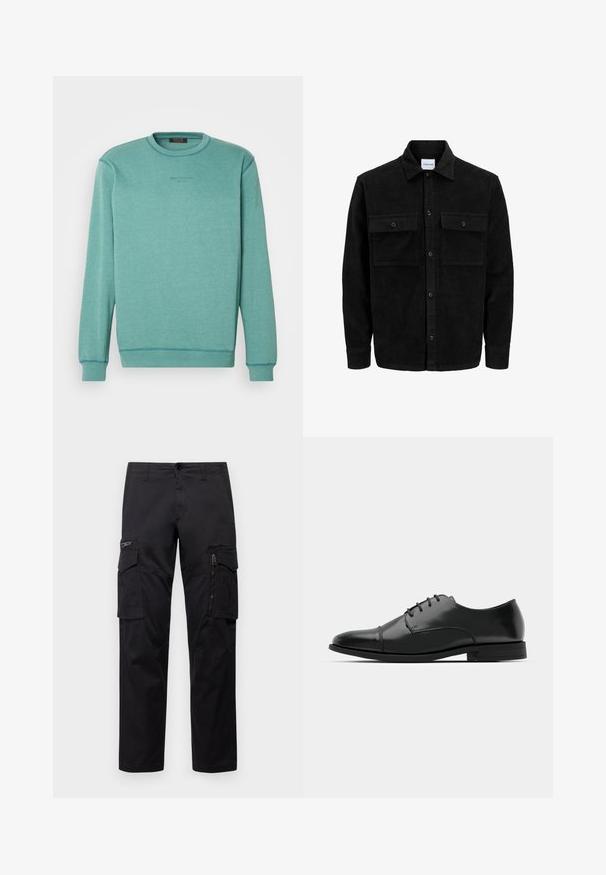 Veste en velours côtelé noire à boutons, avec deux poches à rabat à l'avant et un col classique, des manches longues et une texture côtelée.; Sweatshirt en turquoise clair avec un col rond, des manches longues et des coutures contrastées. Présente le texte "Wear The Code" dans une impression subtile.; Pantalons cargo noirs avec plusieurs poches, une poche zippée sur la cuisse, coupe droite et tissu en coton résistant avec un léger éclat.; Chaussure habillée noire en cuir avec un bout rond, un laçage, des détails de couture subtils et un petit talon. Texture lisse avec une finition polie.