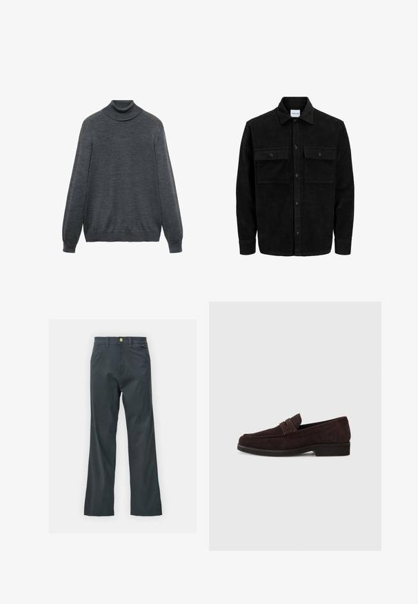 Mustat corduroy-nappi takki, jossa on kaksi etupistotaskua ja klassinen kaulus, pitkät hihat ja ribattu pinta.; Tummanharmaa poolopaita, joka on valmistettu pehmeästä kankaasta. Siinä on pitkät hihat, tiukka kaulus ja suora helma. Kankaan pinta on sileä.; Mustat housut suoran lahkeen leikkauksella, valmistettu puuvillasekoitekankaasta. Varustettu metallinappikiinnityksellä ja sivutaskuilla. Ei näkyviä kuvioita.; Ruske mokasiner i gamzene s niskim profilom i zaobljenim prednjim dijelom. Imaju ukrasnu traku preko gornjeg dijela, ravni gumeni potplat i bez vidljivih šavova.