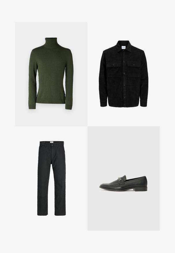 Giacca in corduroy nera con bottoni, due tasche anteriori con patta, colletto classico, maniche lunghe e texture a coste.; Maglione verde a collo alto, realizzato in tessuto morbido, presenta maniche lunghe, una vestibilità slim e polsini e orlo a costine, con dettagli a fessura laterale.; Pantaloni neri realizzati in tessuto resistente, caratterizzati da un design a gamba dritta, dettagli cuciti e due tasche frontali per la funzionalità.; Mocassino in pelle nera con finitura liscia, caratterizzato da un design cucito e da un accento decorativo in catena metallica sul vamp. Tacco piatto.