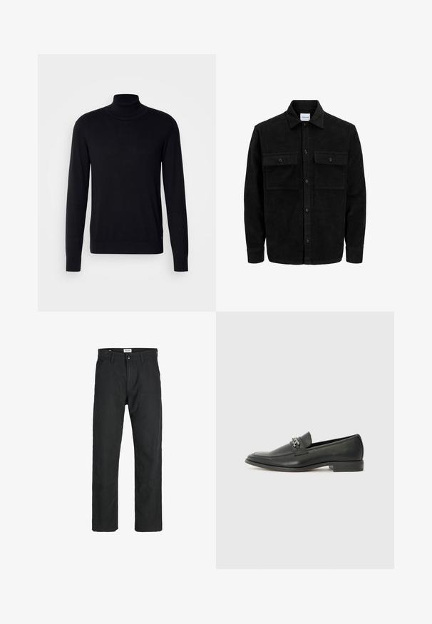 Melnas kordūru pogu jaka ar divām priekšējām atloka kabatām un klasisku apkakli, garām piedurknēm un ribotu tekstūru.; Melnas turtleneck džemperis, kas izgatavots no mīksta auduma. Tam ir garas piedurknes, ribota apkakle un aproces, ar gludu tekstūru un bez rakstiem.; Melnas bikses no izturīga auduma, ar taisna griezuma dizainu, izšūtām akcentiem un divām priekšējām kabatām funkcionālitātei.; Melna ādas loafer izmēra apavi ar gludu virsmu, piedāvā ar šūtu dizainu un dekoratīvu metāla ķēdes akcentu pār vampu. Plakana papēža daļa.