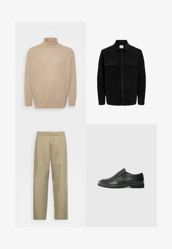 Juodas velveto mygtukų švarkas su dviem priekiniais kišenėmis su atvartais, klasikiniu apykakle, ilgomis rankovėmis ir raukšlėtu paviršiumi.; Jack & Jones JJPANNEL ROLL NECK - Džemperis - crockery; Šviesiai rudos, aukšto liemens kelnes su tiesia kirpimu, su plokščiu priekiniu paviršiumi, šoninėmis kišenėmis ir lygiu, tekstūruotu audiniu.; Juodai odiniai įtvirtinimo batai su lygiu paviršiumi, siuvinėjimo akcentais, apvalia nosimi ir žemu guminiu kulnu. Pado raštas minimalus.