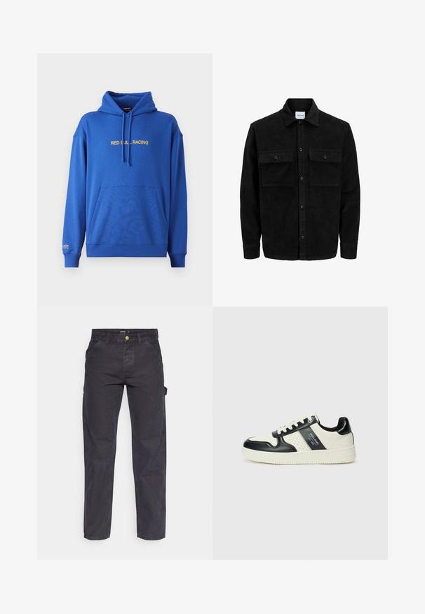 Svart kordflodjacka med knappar, två framfickor med klaff och klassisk krage, långa ärmar och ribbad textur.; Blå hoodie med en framficka i kängurustil, justerbar dragsko på huvan och texten "RED BULL RACING" i gult tvärs över bröstet. Mjuk tyg.; Mörkgrå cargobyxor i slitstark tyg, med rak benform, fem fickor och knappstängning i midjan.; Läder sneakers med en svart och krämfärgad färgsättning, med perforerade detaljer, en vadderad krage och en strukturerad yttersula.