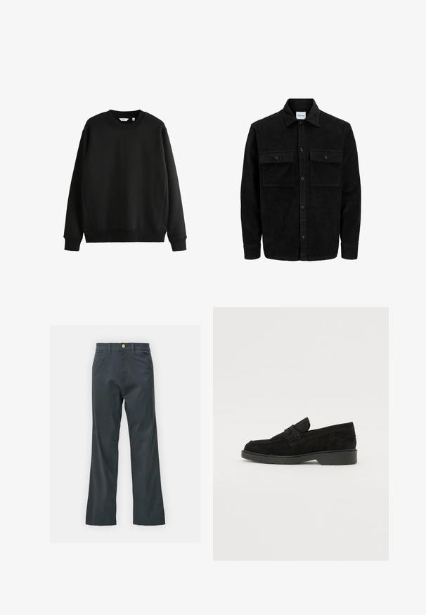 Juodas velveto mygtukų švarkas su dviem priekiniais kišenėmis su atvartais, klasikiniu apykakle, ilgomis rankovėmis ir raukšlėtu paviršiumi.; Juodas džemperis, pagamintas iš lygaus audinio, su apvaliu iškirpimu ir megztomis rankovėmis. Turintis tiesų apatinį kraštą ir minimalistinį dizainą.; Juodos kelnės su tiesiu kirpimu, pagamintos iš medvilnės mišinio. Turi metalinį mygtuką ir šonines kišenes. Be matomų raštų.; Juodos suedes loafers su žemu kulnu, su paprasta juosta viršuje ir tekstūruota apdaila šonuose.