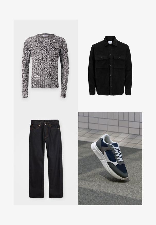 Melnas kordūru pogu jaka ar divām priekšējām atloka kabatām un klasisku apkakli, garām piedurknēm un ribotu tekstūru.; Adīta garām piedurknēm džemperis ar tekstūru melnbaltā rakstā. Apaļš kakls un pieguļošas piedurknes. Materiāls izskatās mīksts un viegls.; Vīriešu taisno kāju melnie džinsi ar piecām kabatām un oranžu izšuvumu, ar pogu un zipa aizdari priekšējā jostas daļā.; Sporta apavi ar tumši zilas krāsas tīkla augšdaļu, pelēku zamšādas akcentiem, baltu gumijas zoli un plakaniem baltiem šņorēm, kas izstrādāti komfortam un elpojamībai.