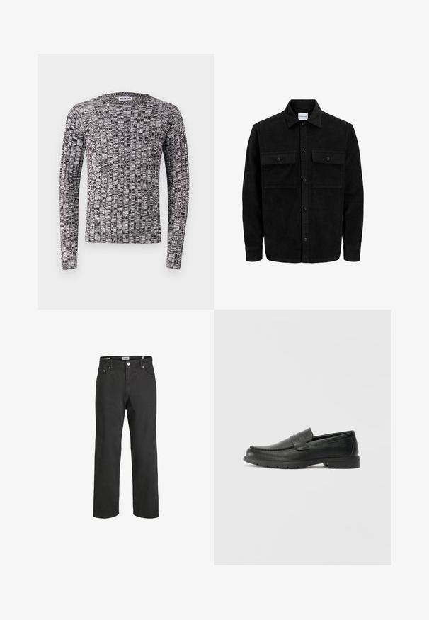 Juodas velveto mygtukų švarkas su dviem priekiniais kišenėmis su atvartais, klasikiniu apykakle, ilgomis rankovėmis ir raukšlėtu paviršiumi.; Megztinis su ilgomis rankovėmis, turintis tekstūrinį juodai baltą raštą. Apskritas iškirpimas ir prigludę rankogaliai. Medžiaga atrodo švelni ir lengva.; Juodi tiesūs džinsai, pagaminti iš medvilnės, su klasikinio penkių kišenių dizainu, mygtuko uždarymu ir subtiliais siuvinėjimo elementais.; Juodai odiniai loaferiai su sklandžiu paviršiumi, mokasino stiliaus viršus, siuvinėjimu ir guminėmis padangomis. Klasikinis dizainas su žemu kulnu.