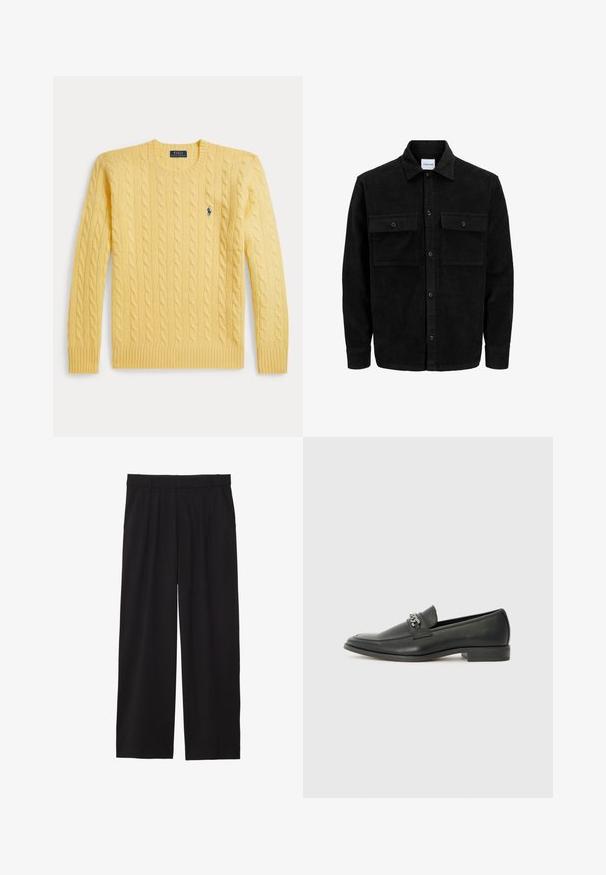 Svart kordfløyels knappjakke med to frontlommer med klaff og klassisk krage, lange ermer og ribbet tekstur.; Gul kabelstrikket genser med ribbestrikkede mansjetter og kant, med en liten blå logo på brystet. Laget av mykt, teksturert stoff.; Svarte vide bukser med plisserte detaljer foran, sidelommer, og en glatt tekstur. Designet for en avslappet passform.; Sorte skinnloafers med en glatt finish, og med en sydd design og en dekorativ metallkjedeakcent over foten. Flat hæl.
