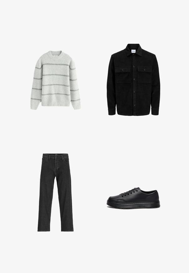 Schwarze Corduroy-Button-Up-Jacke mit zwei frontalem Klappentaschen und klassischem Kragen, langen Ärmeln und gerippter Textur.; Grau gestreifter Pullover aus einem weichen, strukturierten Stoff. Merkmale sind ein runder Ausschnitt und lange Ärmel mit hell- und dunkelgrauen horizontalen Streifen.; Schwarze Jeans aus Denim mit geradem Bein, ausgestattet mit einem Reißverschluss, Gürtelschlaufen und sechs Taschen, gefertigt aus einem robusten Baumwollmischgewebe.; Schwarze Low-Top-Sneaker aus glattem synthetischem Material, mit runden Schnürsenkeln, sechs Ösen und einer strukturierten Gummisohle mit weißen Akzenten.