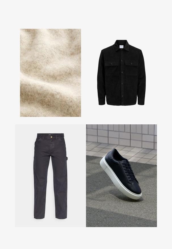 Schwarze Corduroy-Button-Up-Jacke mit zwei frontalem Klappentaschen und klassischem Kragen, langen Ärmeln und gerippter Textur.; Helles beige Wollgewebe mit einer weichen, flauschigen Textur, das ein dezentes Fischgrätenmuster und leichte Farbvariationen aufweist.; Dunkelgraue Cargo-Hosen aus strapazierfähigem Stoff, mit geradem Bein, fünf Taschen und einem Knopfverschluss an der Taille.; Schwarze Leder-Sneaker mit runder Zehenpartie und weißer Gummisohle. Verfügt über flache Schnürsenkel und minimale Nähte im Obermaterial. Strukturiertes Sohlenprofil für besseren Halt.