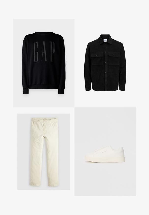 Svart kordfløyels knappjakke med to frontlommer med klaff og klassisk krage, lange ermer og ribbet tekstur.; GAP Sweatshirt - black; Lys beige løse bukser med tre lommer, beltestropper og rett ben-design. Laget av et mykt bomullsblandingsstoff.; Hvite slip-on joggesko med teksturert overflate, tykk såle og minimalistisk design. Har merkevarelogo på siden.