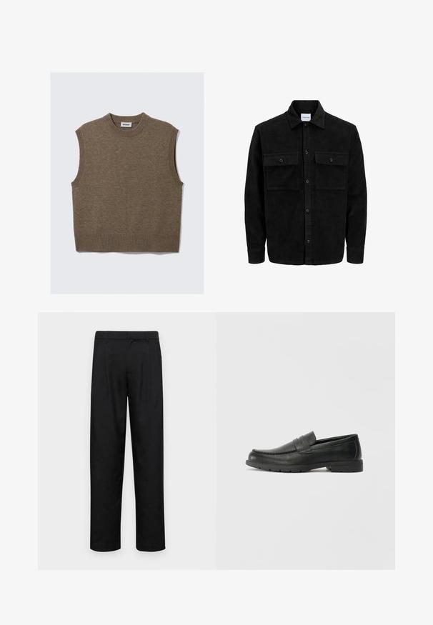 Veste en velours côtelé noire à boutons, avec deux poches à rabat à l'avant et un col classique, des manches longues et une texture côtelée.; Un gilet sans manches en tricot marron avec un col rond côtelé, des emmanchures côtelées et un ourlet, posé à plat sur un fond blanc.; Pantalons noirs en tissu lisse, avec une coupe droite, deux plis avant et une taille standard avec passants de ceinture.; Mocassins en cuir noir avec une finition lisse, tige de style moccasin, détails cousus et semelle en caoutchouc. Design classique avec un talon bas.