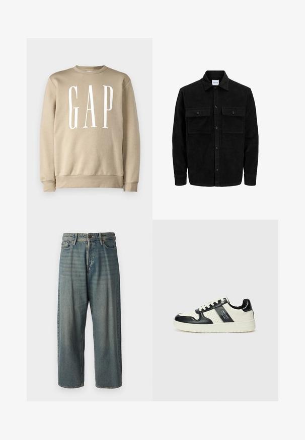 Giacca in corduroy nera con bottoni, due tasche anteriori con patta, colletto classico, maniche lunghe e texture a coste.; GAP Felpa - khaki; Jeans di denim azzurro chiaro con vestibilità ampia, vita media e gambe dritte. Presenta cinque tasche, passanti per cintura e chiusura con bottone.; Sneakers in pelle con una combinazione di colori nero e crema, dotati di dettagli perforati, collare imbottito e suola testurizzata.