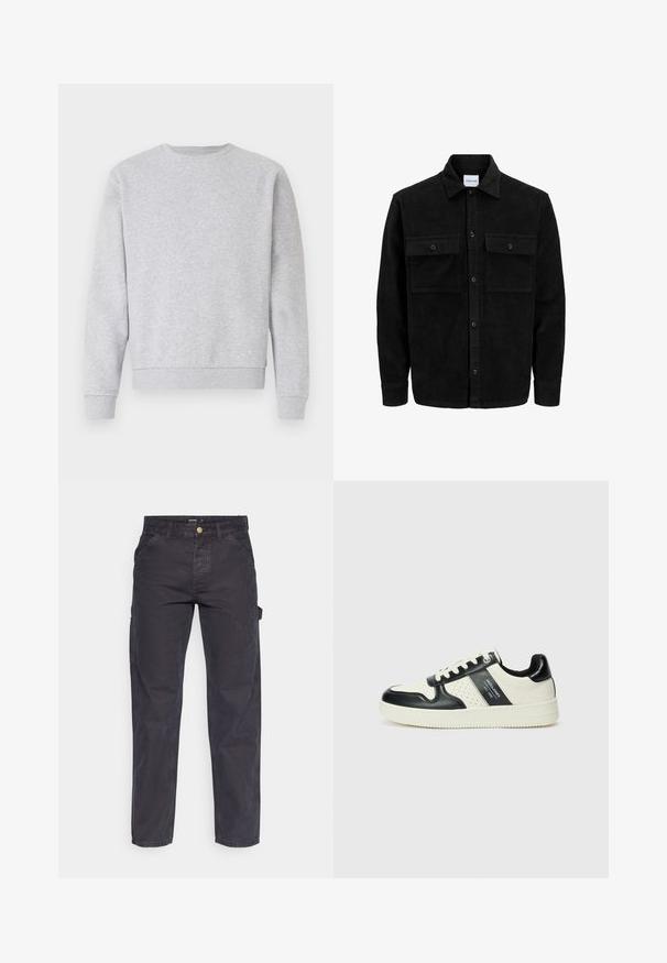 Schwarze Corduroy-Button-Up-Jacke mit zwei frontalem Klappentaschen und klassischem Kragen, langen Ärmeln und gerippter Textur.; Grauer Sweatshirt aus weichem Stoff, mit Rundhalsausschnitt, langen Ärmeln und gerippten Bündchen und Saum. Einfaches Design ohne Logos oder Muster.; Dunkelgraue Cargo-Hosen aus strapazierfähigem Stoff, mit geradem Bein, fünf Taschen und einem Knopfverschluss an der Taille.; Leder-Sneaker in Schwarz- und Cremetönen, mit perforierten Akzenten, einem gepolsterten Kragen und einer strukturierten Laufsohle.