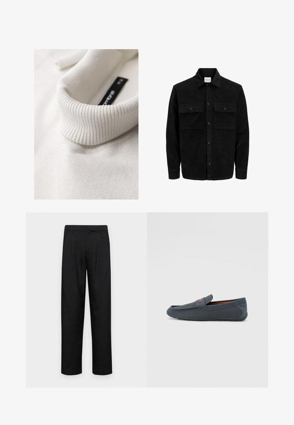 Chaqueta de pana negra con botones, dos bolsillos delanteros con solapa y un cuello clásico, mangas largas y textura acanalada.; Suéter de cuello alto blanco, acanalado, en una vista en primer plano que destaca su textura y los detalles del pliegue del cuello.; Pantalones negros de tela suave, con un diseño de pierna recta, dos pliegues frontales y una cintura estándar con trabillas para el cinturón.; Mocasines grises perforados con un diseño sin cordones, que presentan un acento naranja, puntera redondeada y suela de goma texturizada.