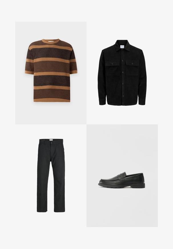 Jachetă din catifea neagră, cu butoni, două buzunare frontale cu clapetă și un guler clasic, mâneci lungi și textură ribbed.; Pulover tricotat cu mâneci scurte, gât rotund și dungi orizontale alternante maro și bej, realizat dintr-un material texturat.; Pantaloni negri dintr-un material durabil, cu un design cu picior drept, accente cusute și două buzunare frontale pentru funcționalitate.; Labeled cu oglindă din piele neagră cu un finisaj neted, partea superioară în stil mocasin, detalii cusute și o talpă din cauciuc. Design clasic cu un toc jos.