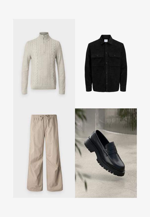 Giacca in corduroy nera con bottoni, due tasche anteriori con patta, colletto classico, maniche lunghe e texture a coste.; Maglione grigio chiaro a maglia con colletto alto e mezza zip. Presenta motivi testurizzati con dettagli a trecce e polsini a coste.; Pantaloni beige a gamba larga con vita elastica e cordino. Tessuto liscio, due tasche laterali e cuciture minime per una vestibilità rilassata.; Mocasini in pelle nera con suola a tassello spessa, con una fascia decorativa e dettagli di cucitura. Texture liscia con una finitura lucida.