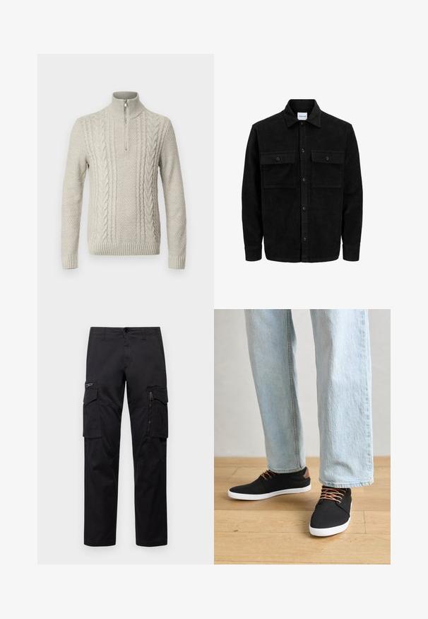 Chaqueta de pana negra con botones, dos bolsillos delanteros con solapa y un cuello clásico, mangas largas y textura acanalada.; Suéter de punto gris claro con cuello alto y media cremallera. Presenta patrones texturizados con detalles de punto trenzado y puños acanalados.; Pantalones cargo negros con múltiples bolsillos, un bolsillo con cremallera en el muslo, corte recto y tejido de algodón resistente con un ligero brillo.; Zapatillas de lona negras con detalles marrones, suelas de goma blanca y cordones marrones, combinadas con jeans rectos de color azul claro. Fondo de suelo de madera.