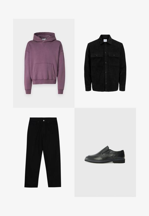 Juodas velveto mygtukų švarkas su dviem priekiniais kišenėmis su atvartais, klasikiniu apykakle, ilgomis rankovėmis ir raukšlėtu paviršiumi.; Violetinė gobtuvinė palaidinė su priekiu kišene, raukšlėtomis rankovėmis ir apačia, pasižyminti laisvu siluetu ir minkšta tekstūra.; Juoda džinsinė kelnė su tiesiu kirpimu, penkių kišenių dizainu ir priekiniais mygtukais. Lygus paviršius su minimaliu siuvimo detalėmis.; Juodai odiniai įtvirtinimo batai su lygiu paviršiumi, siuvinėjimo akcentais, apvalia nosimi ir žemu guminiu kulnu. Pado raštas minimalus.