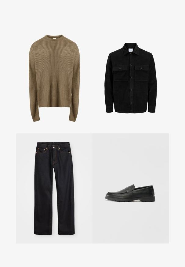 Schwarze Corduroy-Button-Up-Jacke mit zwei frontalem Klappentaschen und klassischem Kragen, langen Ärmeln und gerippter Textur.; Redefined Rebel MILTON BOXY FIT - Strickpullover - sand; Herren gerade geschnittene schwarze Jeans aus Denim mit fünf Taschen und orangefarbenen Nähten, Knopf- und Reißverschluss vorne am Bund.; Schwarze Lederloafers mit glatter Oberfläche, Mokassin-oberteil, genähten Details und Gummisohle. Klassisches Design mit niedrigem Absatz.