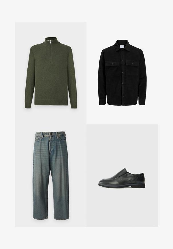 Melnas kordūru pogu jaka ar divām priekšējām atloka kabatām un klasisku apkakli, garām piedurknēm un ribotu tekstūru.; Tumši zaļš adīts džemperis ar garām piedurknēm un priekšu sudraba rāvējslēdzēju, kas sniedzas līdz pusei no augstā apkakles.; Gaiši zili džinsi ar brīvu piegriezumu, vidējo jostas augstumu un taisnām kājām. Satur piecas kabatas, jostas cilpas un pogu aizdari.; Melnas ādas slip-on kurpes ar gludu augšdaļu, izšūtām akcentiem, noapaļotu purngala daļu un zemu gumijas papēdi. Zole ar minimālu rakstu.