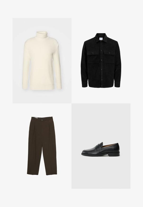 Črna kordurojska jakna z gumbi, z dvema sprednjima žepoma z zavihkom in klasičnim ovratnikom, dolgimi rokavi ter rebrasto teksturo.; Kremni pulover s turtleneck iz rebraste pletenine, z dolgimi rokavi in sproščenim krojem, z rebrastimi manšetami in robom.; Temno rjave hlače po meri s sprednjimi gubami, zankami za pas in gumbom za zapiranje ob pasu.; Črne usnjene loafers čevlje z zaobljenim nosom, ki imajo sprednji trak in nizko, trdo peto. Gladka tekstura in eleganten dizajn.