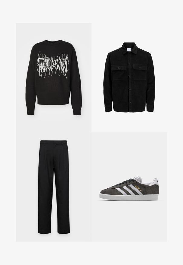 Juodas velveto mygtukų švarkas su dviem priekiniais kišenėmis su atvartais, klasikiniu apykakle, ilgomis rankovėmis ir raukšlėtu paviršiumi.; Juodas megztinis su baltu grafikiniu dizainu, turinčiu aštrius dantytus kraštus krūtinės srityje. Apvalus kaklas ir megztos rankogaliai.; Juodi kelnių modeliai, pagaminti iš lygios medžiagos, turi tiesią kojas, du priekiniai klostės ir standartinę juosmenį su diržo kilpomis.; Pilki zomšiniai sportbačiai su baltais dryžiais ir auksiniu "Gazelle" logotipu. Yra guminis padas ir raištelinė konstrukcija su paminkštinta apykakle.