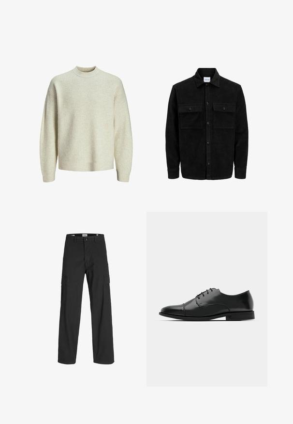 Sort fløjl button-up jakke med to frontlommer og klassisk krave, lange ærmer og ribbet tekstur.; Lys beige striktrøje med et struktureret vaffelmønster. Har en høj hals samt ribbede manchetter og kant. Blød, mellemvægtig stof.; Sorte cargo bukser med en løs pasform, lavet af bomuld. Har to sidelommer og knaplukning, designet til funktionalitet og komfort.; Sort læder dress-sko med rund tå, snørebåndsdesign, diskrete syninger og lav hæl. Glat tekstur med poleret finish.