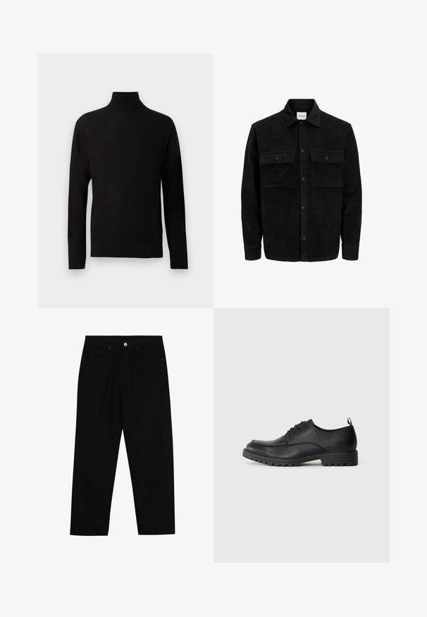 Veste en velours côtelé noire à boutons, avec deux poches à rabat à l'avant et un col classique, des manches longues et une texture côtelée.; Pull en tricot côtelé noir avec col roulé, à manches longues et coupe ajustée, présenté sur fond blanc.; Pantalons en denim noir avec une coupe droite, un design à cinq poches et une fermeture à bouton à l'avant. Texture lisse avec des détails de couture minimaux.; Chaussure habillée en cuir noir avec une texture lisse, bout arrondi, cordons à l'avant et semelle en caoutchouc robuste avec un motif cranté.