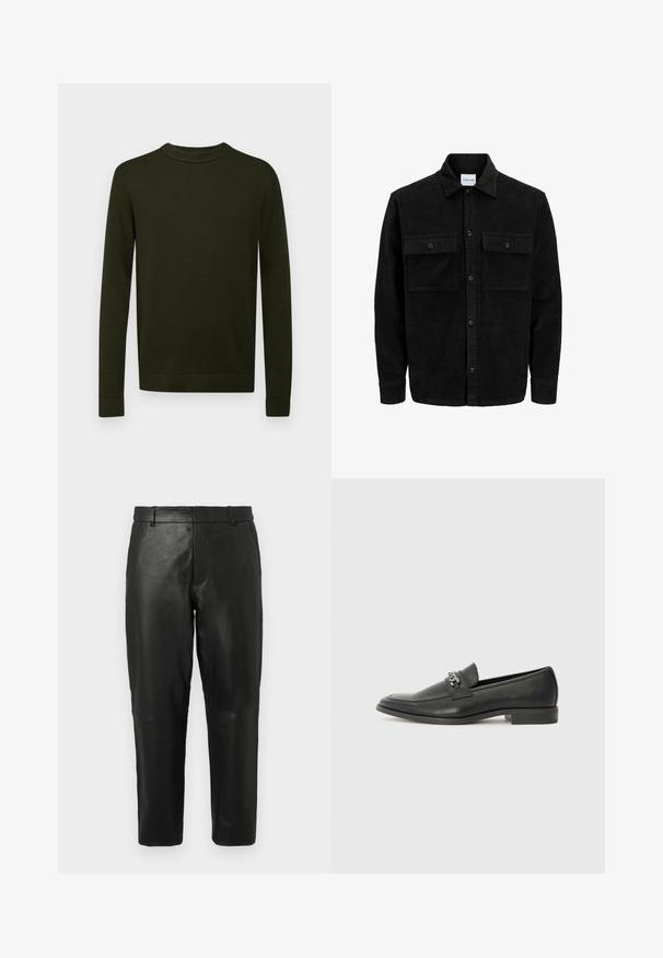 Svart kordfløyels knappjakke med to frontlommer med klaff og klassisk krage, lange ermer og ribbet tekstur.; Mørkegrønn strikket genser med rund hals, lange ermer og ribbestrikkede mansjetter. Enkel, ensfarget mønster uten tilleggspreget.; Sorte skinnbukser med rett ben, beltehemper og sidelommer, vist mot en enkel lys bakgrunn.; Sorte skinnloafers med en glatt finish, og med en sydd design og en dekorativ metallkjedeakcent over foten. Flat hæl.