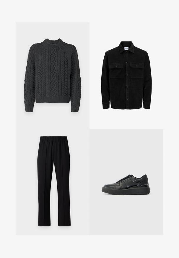 Schwarze Corduroy-Button-Up-Jacke mit zwei frontalem Klappentaschen und klassischem Kragen, langen Ärmeln und gerippter Textur.; Dunkelgrauer Strickpullover mit einem Zopfmuster, rundem Ausschnitt und gerippten Bündchen sowie Saum. Das strukturierte Material sorgt für visuelles Interesse.; Schwarze, Gummibund-Hosen mit geradem Schnitt, die eine glatte Textur aufweisen und keine sichtbaren Muster oder Beschläge haben.; Schwarze LederSneaker mit glatter Oberfläche, runder Zehenform und kontrastierender schwarzer Gummisohle. Mit flachen Schnürsenkeln und Branding an der Seite.