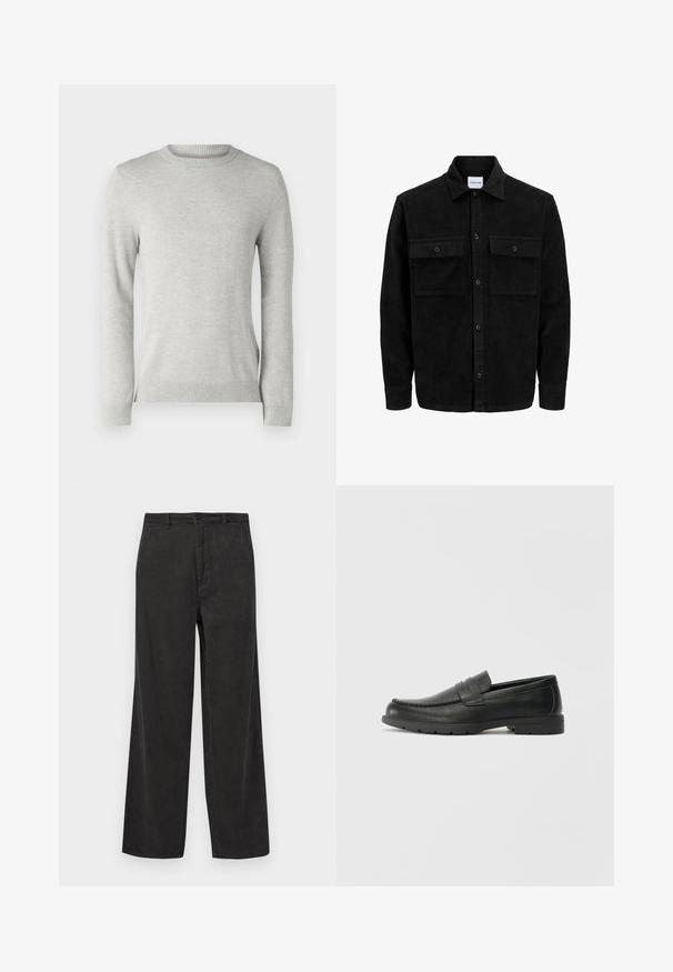 Jachetă din catifea neagră, cu butoni, două buzunare frontale cu clapetă și un guler clasic, mâneci lungi și textură ribbed.; Pulover tricotat gri deschis, cu guler rotund, mâneci lungi, model texturat și mansete și tiv cu dungi. Material moale și respirabil.; Pantaloni negri din catifea cu un design cu picioare largi, având o textură cu nervuri verticale, fermoar cu închidere cu buton și buzunare frontale.; Labeled cu oglindă din piele neagră cu un finisaj neted, partea superioară în stil mocasin, detalii cusute și o talpă din cauciuc. Design clasic cu un toc jos.