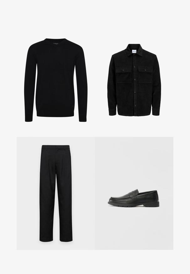 Juodas velveto mygtukų švarkas su dviem priekiniais kišenėmis su atvartais, klasikiniu apykakle, ilgomis rankovėmis ir raukšlėtu paviršiumi.; Juodas V-kaklo megztinis su ilgomis rankovėmis, pagamintas iš lygaus mezgimo audinio. Aptaki apačia ir rankogaliai su reljefiniu audiniu, apačioje yra mažas logotipas.; Juodi kelnių modeliai, pagaminti iš lygios medžiagos, turi tiesią kojas, du priekiniai klostės ir standartinę juosmenį su diržo kilpomis.; Juodai odiniai loaferiai su sklandžiu paviršiumi, mokasino stiliaus viršus, siuvinėjimu ir guminėmis padangomis. Klasikinis dizainas su žemu kulnu.