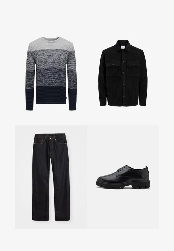 Schwarze Corduroy-Button-Up-Jacke mit zwei frontalem Klappentaschen und klassischem Kragen, langen Ärmeln und gerippter Textur.; Herrenpullover mit einem Farbverlauf, der von hellgrau zu dunkelblau übergeht, geripptem Muster und langen Ärmeln. Rundhalsausschnitt.; Herren gerade geschnittene schwarze Jeans aus Denim mit fünf Taschen und orangefarbenen Nähten, Knopf- und Reißverschluss vorne am Bund.; Schwarze Lederschuhe mit glatter Oberfläche, Schnüroptik und dicke, robuste Gummisohle mit tiefem Profil für besseren Halt.