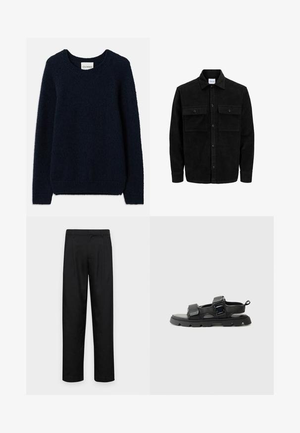 Svart kordfløyels knappjakke med to frontlommer med klaff og klassisk krage, lange ermer og ribbet tekstur.; Marineblå strikket genser med rund hals, lange ermer og ribbestrikkede mansjetter og nederkant. Myk tekstur og enkelt design, ingen mønstre eller detaljer.; Sorte bukser laget av glatt stoff, med rette ben, to frontfoldninger og standard liv med beltehemper.; Sorte sandaler med en teksturert stoffoverdel, brede stropper, metallspenne detaljer og en tykk gummisåle med et mønster av lugs.