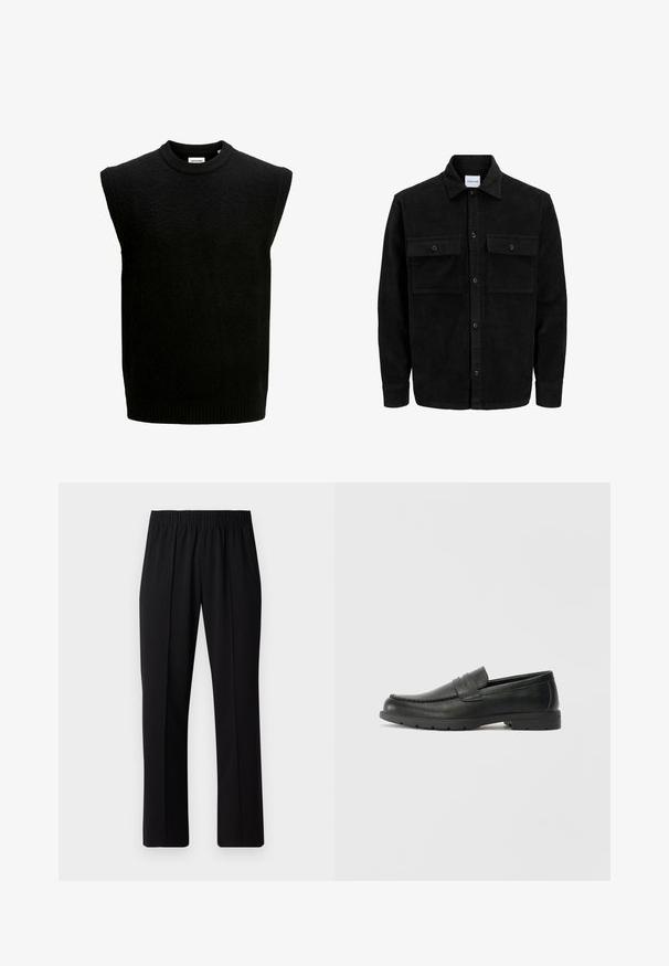 Sort fløjl button-up jakke med to frontlommer og klassisk krave, lange ærmer og ribbet tekstur.; Sort ærmeløs sweater med rund halsudskæring, lavet af tekstureret stof, med ribbet nederkant og armhuller. Enkel og minimalistisk design.; Sorte bukser med elastisk talje og lige ben, der har en glat tekstur og ingen synlige mønstre eller hardware.; Sorte læderslippers med en glat finish, mokkasin-stil overdel, syninger og gummisål. Klassisk design med en lav hæl.