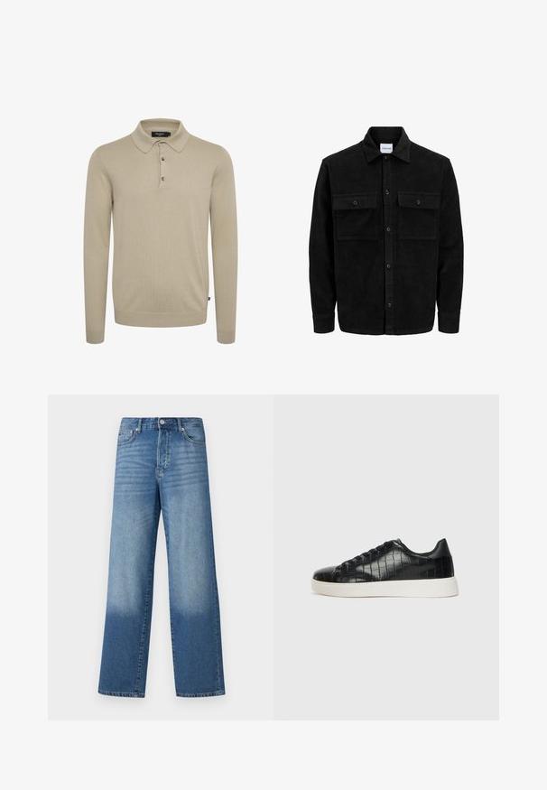 Melnas kordūru pogu jaka ar divām priekšējām atloka kabatām un klasisku apkakli, garām piedurknēm un ribotu tekstūru.; Garā piedurkne polo krekls gaiši bežā adītā audumā, ar klasisku apkakli, trīs pogu aizdari un ribotām piedurknēm.; Zilas augstās jostasvietas taisnas kāju džinsas ar nodilumu uz augšstilbiem un tumšāku nokrāsu pie apakšmalām, redzami priekšējie pogas un kabatas.; Melni sporta apavi ar teksturētu krokodila raksta ādas augšdaļu, noapaļotu pirkstu daļu un kontrastējošu baltu gumijas zoli ar gludu virsmu.