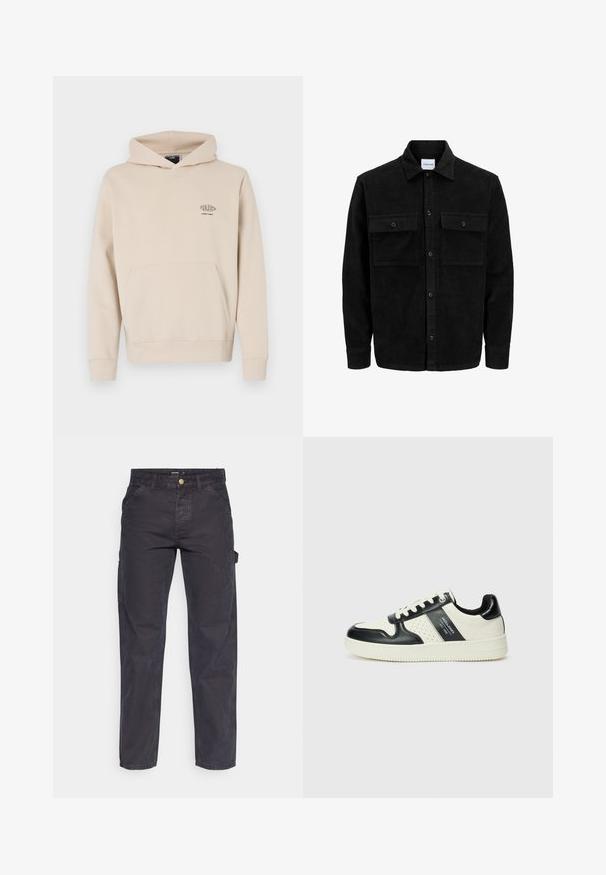 Veste en velours côtelé noire à boutons, avec deux poches à rabat à l'avant et un col classique, des manches longues et une texture côtelée.; Hoodie beige fabriqué dans un matériau doux, avec une poche avant, un capuchon à cordon de serrage et un petit logo graphique sur la zone gauche de la poitrine.; Pantalons cargo gris foncé en tissu durable, avec une coupe droite, cinq poches et une fermeture à bouton à la taille.; Baskets en cuir avec un schéma de couleurs noir et crème, dotées d'accents perforés, d'un col rembourré et d'une semelle texturée.