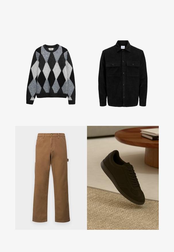 Veste en velours côtelé noire à boutons, avec deux poches à rabat à l'avant et un col classique, des manches longues et une texture côtelée.; Pull en laine à col ras du cou avec un motif argyle en losanges noir, gris et blanc, et des manches longues.; Pantalon cargo en coton marron avec jambes droites, doté de poches latérales et d'un bouton en métal à la taille. Texture lisse et design décontracté.; Baskets en daim noir avec un bout arrondi, un laçage, une semelle en caoutchouc texturée et des coutures contrastées, présentées au-dessus d'un tapis tissé.
