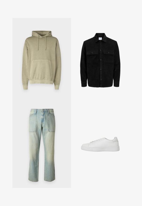 Svart kordflodjacka med knappar, två framfickor med klaff och klassisk krage, långa ärmar och ribbad textur.; Khakifärgad huva med dragsko, kangaroficka och ribbade ärmslut. Tillverkad av mjukt tyg med en slät yta.; Ljust blå denimbyxor med rak benpassform, synlig sömnad och två stora framfickor. Tyget har en blekt struktur.; Vit sneaker i slätt läder med rundad tå, stickade detaljer och en platt gummisula. Minimalistisk design med snörning.