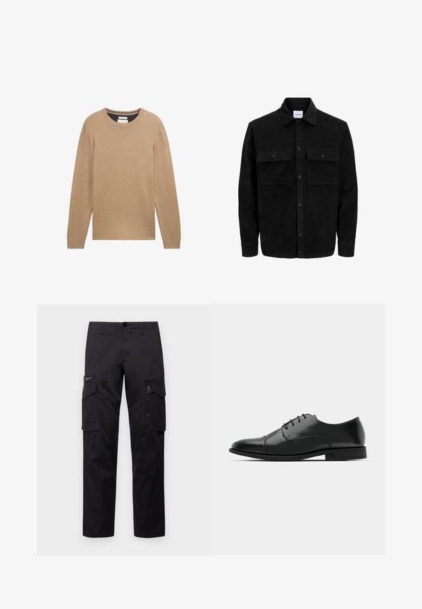 Schwarze Corduroy-Button-Up-Jacke mit zwei frontalem Klappentaschen und klassischem Kragen, langen Ärmeln und gerippter Textur.; Beiger Strickpullover mit einem runden Ausschnitt, langen Ärmeln sowie gerippten Bündchen und Saum. Verfügt über ein kleines Logo auf der Brust.; Schwarze Cargo-Hosen mit mehreren Taschen, einer Reißverschlusstasche am Oberschenkel, geradem Schnitt und strapazierfähigem Baumwollstoff mit leichtem Glanz.; Schwarzer Leder-Dieerschuh mit runder Zehenform, Schnürdesign, dezenten Nähdetails und niedrigem Absatz. Glatte Textur mit polierter Oberfläche.