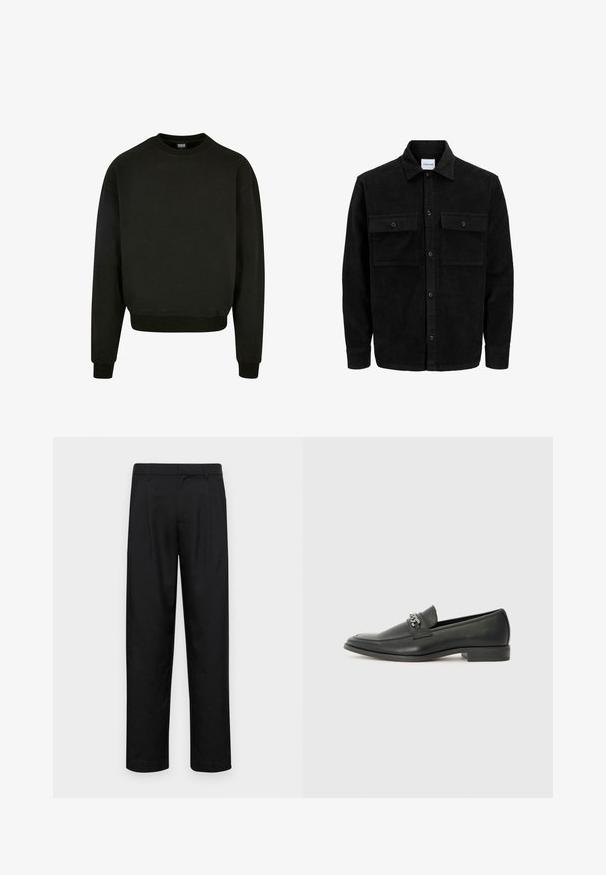 Giacca in corduroy nera con bottoni, due tasche anteriori con patta, colletto classico, maniche lunghe e texture a coste.; Felpa nera a maniche lunghe con colletto rotondo, realizzata in tessuto misto cotone, con polsini e fondo a costine. Design semplice e tinta unita.; Pantaloni neri realizzati in tessuto liscio, caratterizzati da un taglio dritto, due pieghe frontali e una vita standard con passanti per la cintura.; Mocassino in pelle nera con finitura liscia, caratterizzato da un design cucito e da un accento decorativo in catena metallica sul vamp. Tacco piatto.