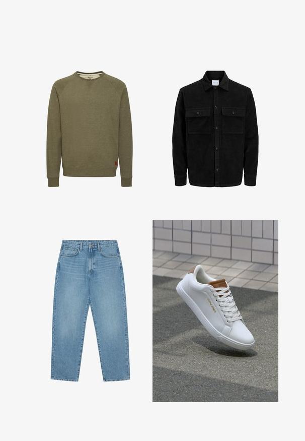 Black corduroy button-up jacket with two front flap pockets and a classic collar, long sleeves, and ribbed texture.; Olive green sweatshirt made of soft fabric, featuring a round neck, ribbed cuffs and hem, and a small red logo tag at the bottom left.; Light blue denim wide-leg jeans with a high waist, featuring five pockets, belt loops, and a soft, slightly faded texture.; White leather sneakers with a smooth texture, tan accent on the heel, gold logo on the side, and a rubber sole with a textured grip.