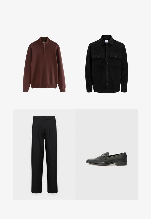 Black corduroy button-up jacket with two front flap pockets and a classic collar, long sleeves, and ribbed texture.; Next Jumper - burgandy; Black trousers made of smooth fabric, featuring a straight-leg design, two front pleats, and standard waistband with belt loops.; Black leather loafer with a smooth finish, featuring a stitched design and a decorative metal chain accent across the vamp. Flat heel.
