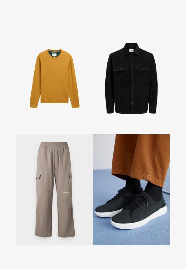 Chaqueta de pana negra con botones, dos bolsillos delanteros con solapa y un cuello clásico, mangas largas y textura acanalada.; Suéter mostaza con mangas largas y cuello redondo. Hecho de una tela suave, presenta acabados de canalé y un pequeño logo en el pecho.; Pantalones cargo hechos de una tela ligera, en color topo, con una cintura elástica, bolsillos laterales y un sutil logo de la marca.; Zapatillas de ante negro con suelas de goma blanca, que presentan un diseño con cordones, acentos texturizados y una marca sutil, combinadas con pantalones marrones.