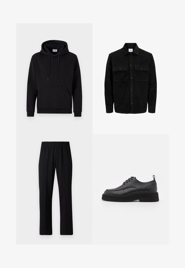 Black corduroy button-up jacket with two front flap pockets and a classic collar, long sleeves, and ribbed texture.; Black hoodie made of cotton-rich fabric, featuring a front pocket, drawstring hood, and ribbed cuffs. Simple and casual design.; Black, elastic-waist trousers with a straight-leg design, featuring a smooth texture and no visible patterns or hardware.; Black leather lace-up shoe with a rounded toe, thick black platform sole, and decorative stitching along the edge. Smooth texture.